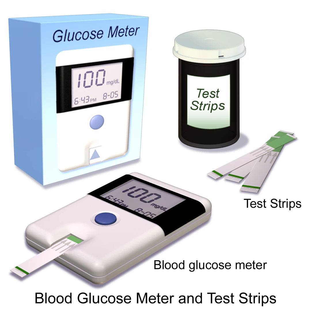 Illustration of a blood glucose meter and testing equipment